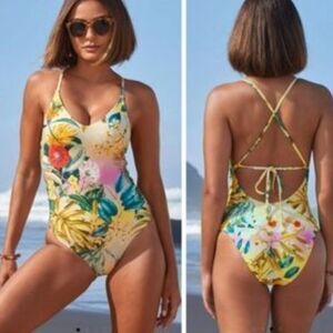 New Anthropologie PilyQ Floral Printed V Neck One Piece Swimsuit